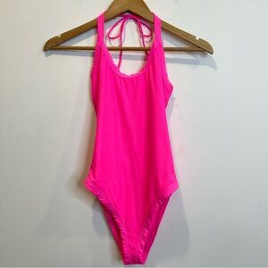 Tularosa Ribbed One Piece Halter Swimsuit Bathing Suit Tie Back Hot Pink